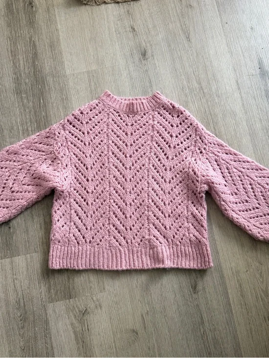 Mango Pink Open-Knit Chevron Crewneck Sweater - Picture 1 of 5